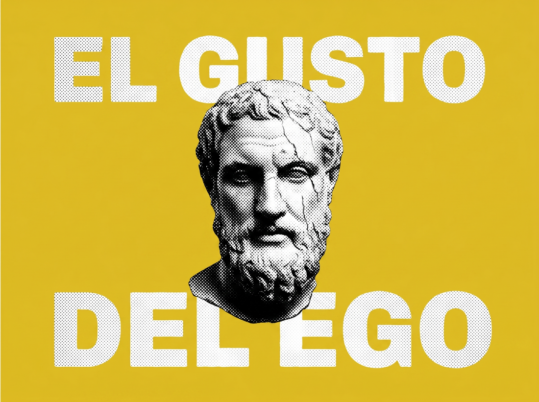 Busto clásico griego en halftone, agrietado, sobre fondo amarillo. Texto: EL GUSTO arriba, DEL EGO abajo.