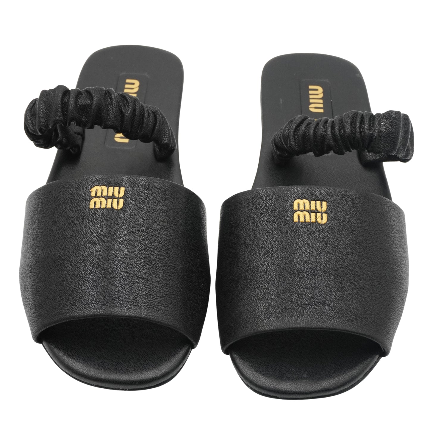 Slides Miu Miu Logo-Embossed Leather Scrunched Strap