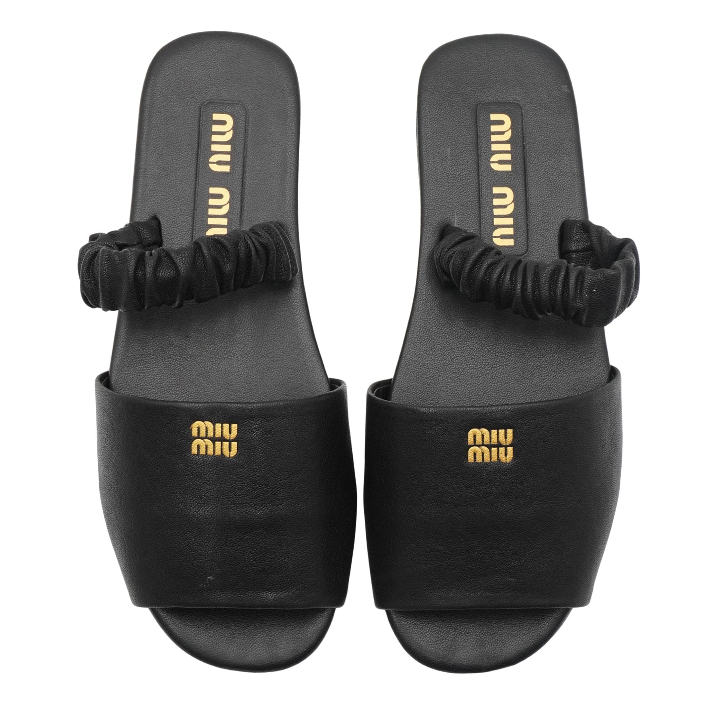Slides Miu Miu Logo-Embossed Leather Scrunched Strap