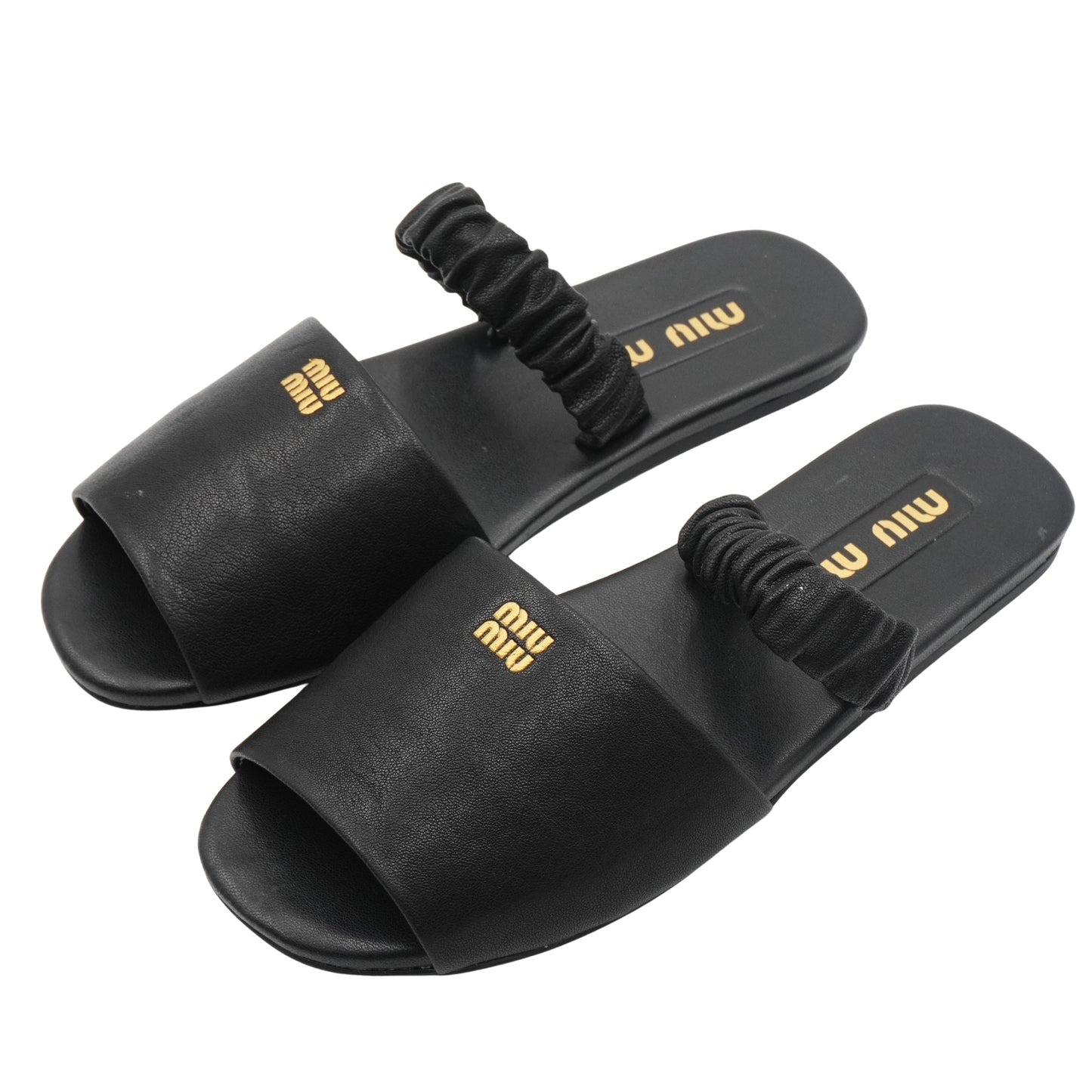 Slides Miu Miu Logo-Embossed Leather Scrunched Strap