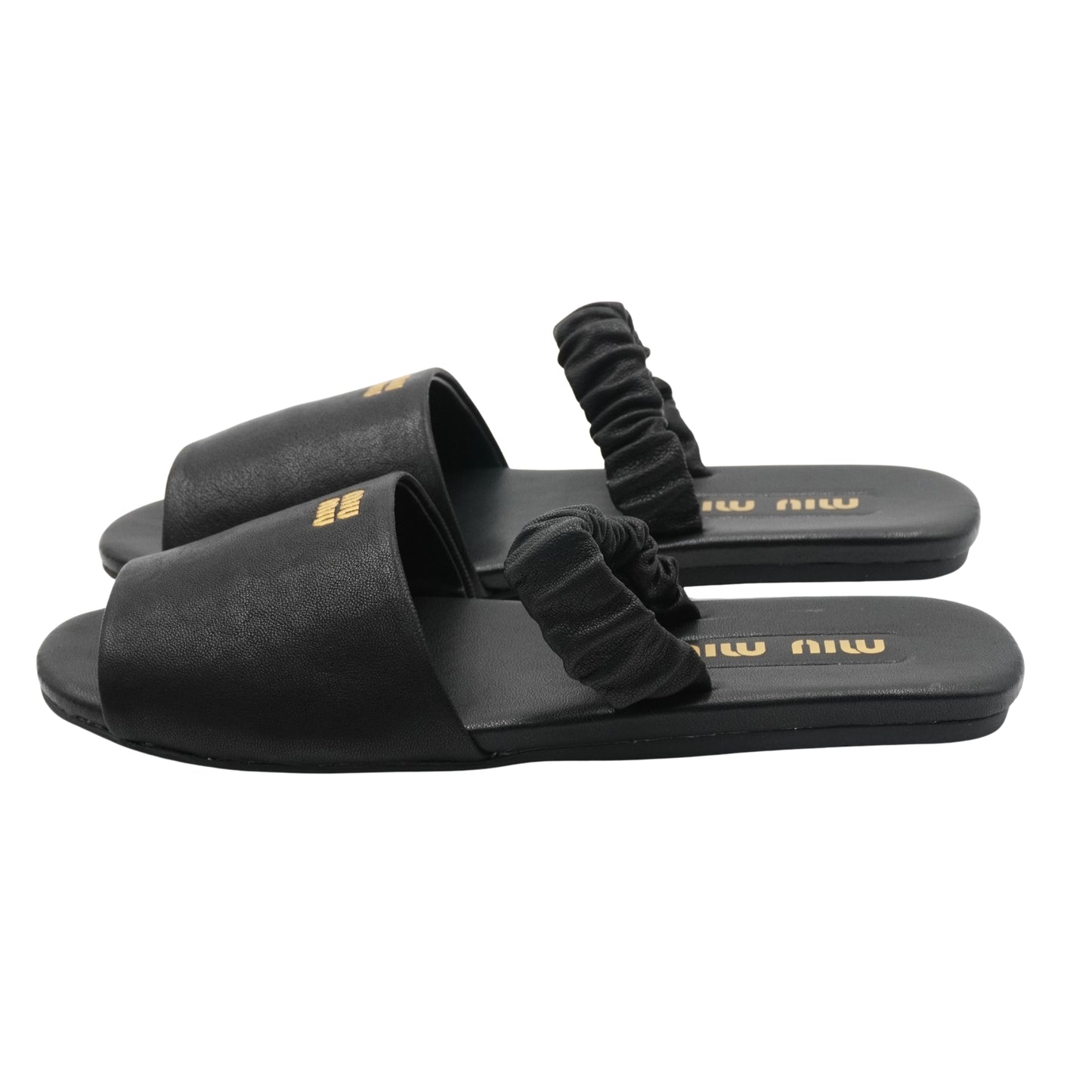 Slides Miu Miu Logo-Embossed Leather Scrunched Strap