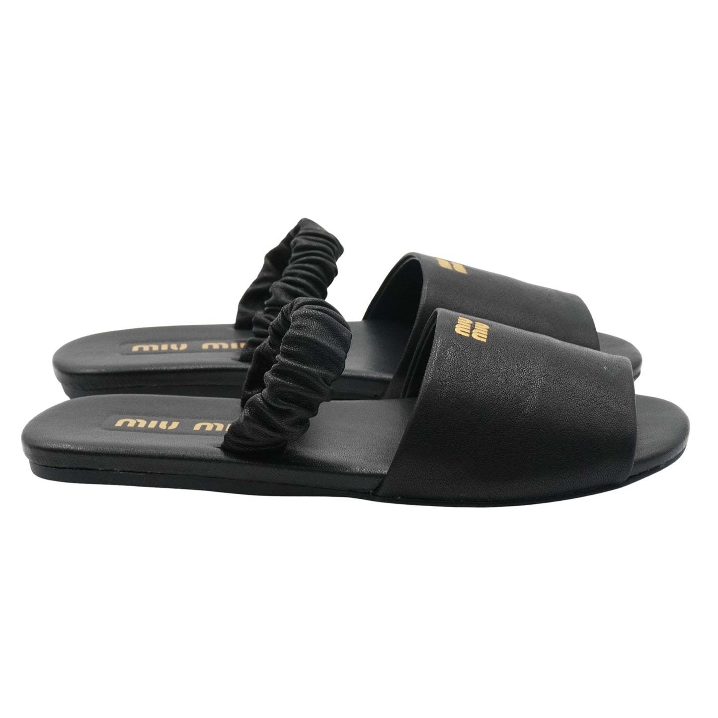 Slides Miu Miu Logo-Embossed Leather Scrunched Strap