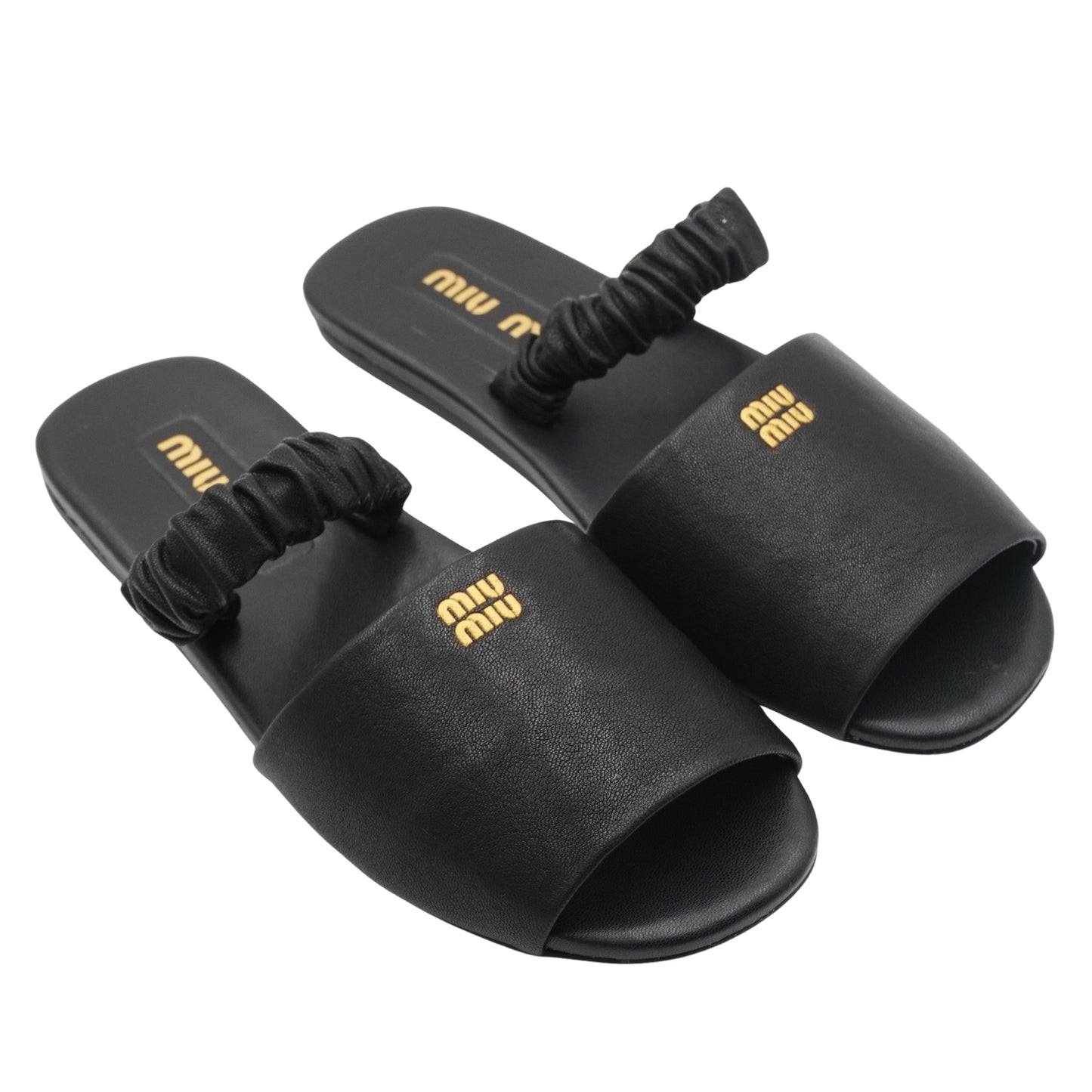 Slides Miu Miu Logo-Embossed Leather Scrunched Strap